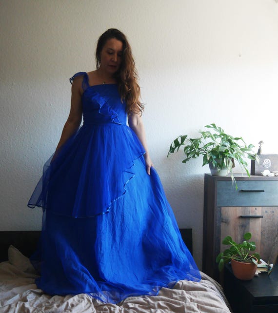 Blue gown cocktail dress Vintage Prom dress 80s Mesh party dress MEDIUM