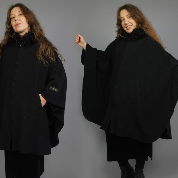 Black women's cape poncho WOOL and CASHMERE Knee length Faux fur collar