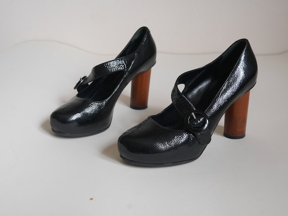 SONIA RYKIEL Black glossy finish pumps Buckle Heeled mary jane shoes Women's Size 36