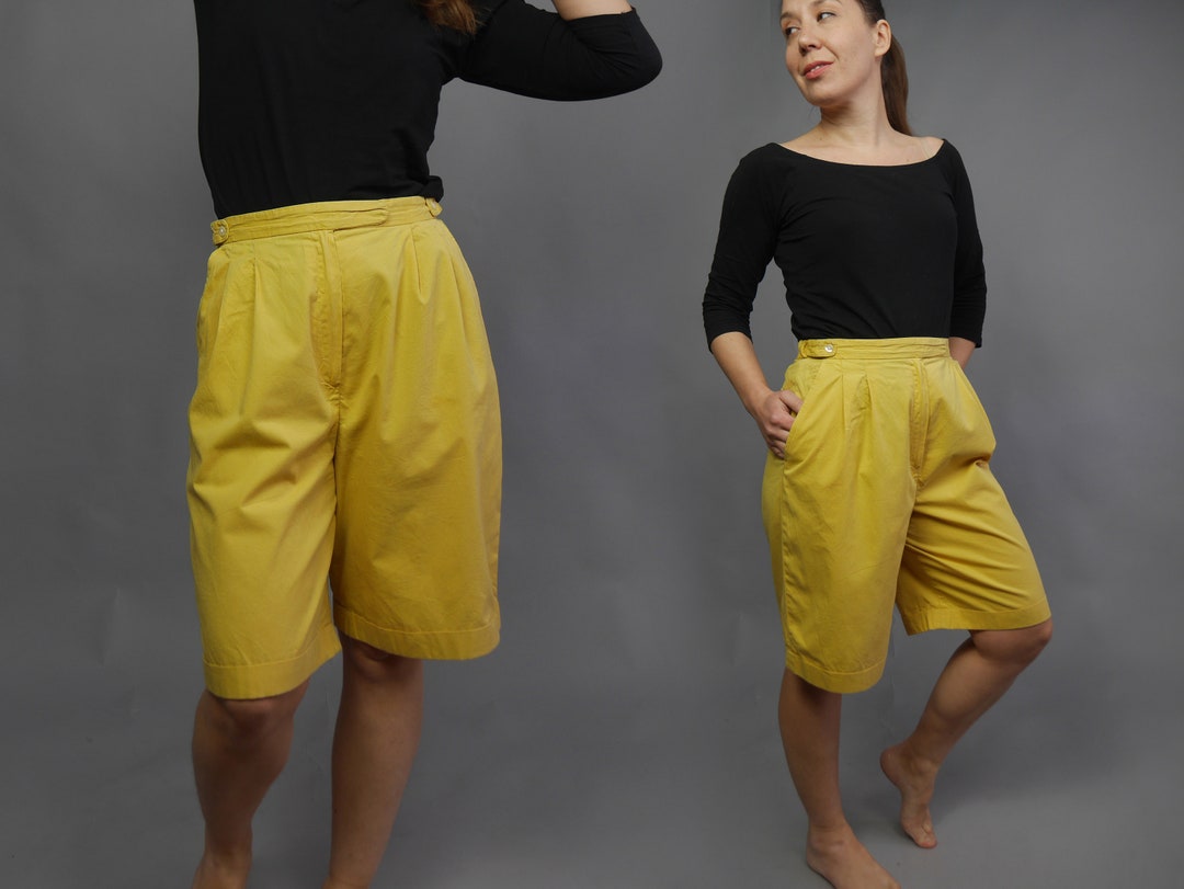 Yellow Golf Shorts Daks 80s Women's Bermuda Shorts High Waisted Wide