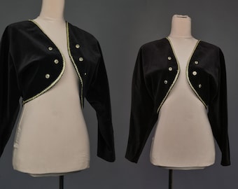 Black velvet bolero Golden trim blazer Open front festive blazer MEDIUM