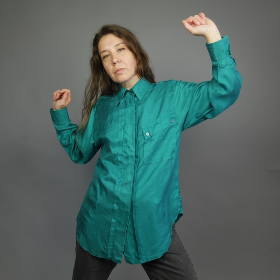 Turquoise silk oversize blouse BETTY BARCLEY Spli… - image 1