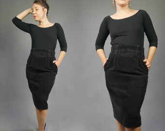 Vintage 80's Graphite black corduroy pencil skirt High waist Midi length MEDIUM