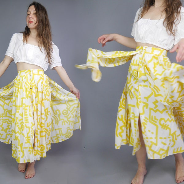 Yellow white slits skirt Fabric strips skirt Buttoned front Two layers summer skirt WAIST 26 in