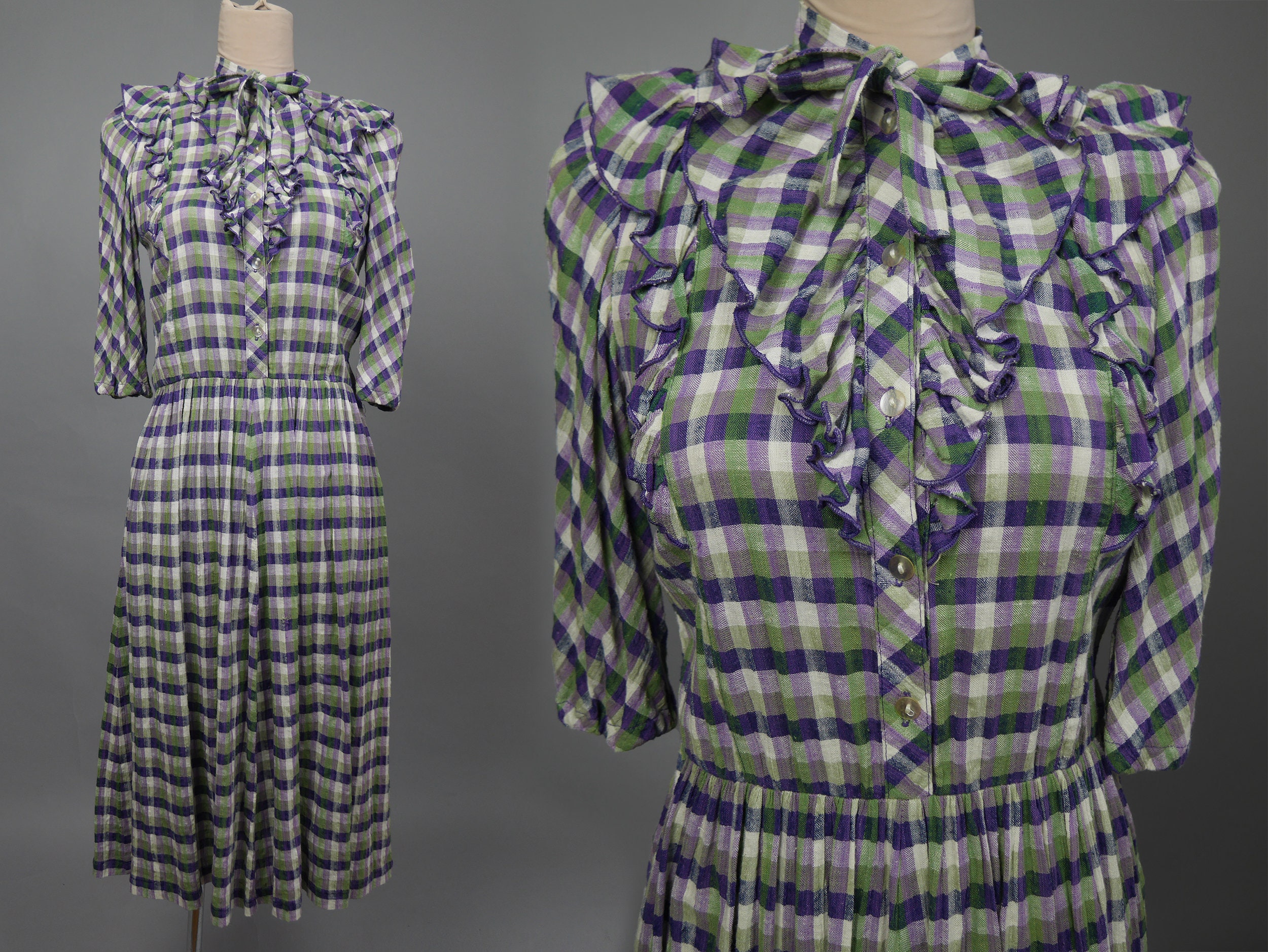 Vintage pradera vestido de súplica 80s Verde púrpura a cuadros