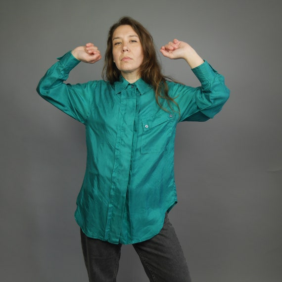 Turquoise silk oversize blouse BETTY BARCLEY Spli… - image 2