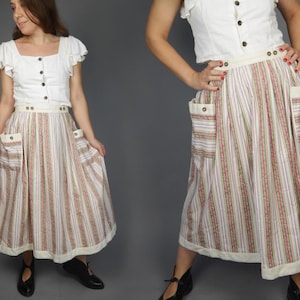 Light CALICO midi skirt Striped print Big pockets Cottagecore cotton skirt WAIST 30 inches