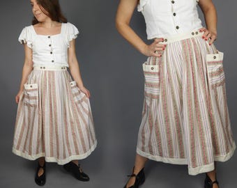 Light CALICO midi skirt Striped print Big pockets Cottagecore cotton skirt WAIST 30 inches