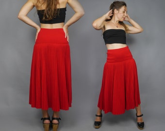 Red accordion pleats skirt Vintage 70s wool knit yoke skirt Midi length MEDIUM size