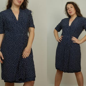 Vestido cruzado de viscosa Estampado de lunares Vestido vintage de los 80 Largo midi Vestido casual Manga corta Talla M L