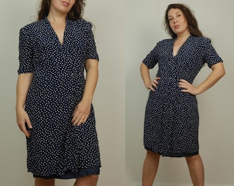 Wrap viscose Dress Polka Dots print Vintage 80s dress Midi length Casual dress Short sleeve M L size