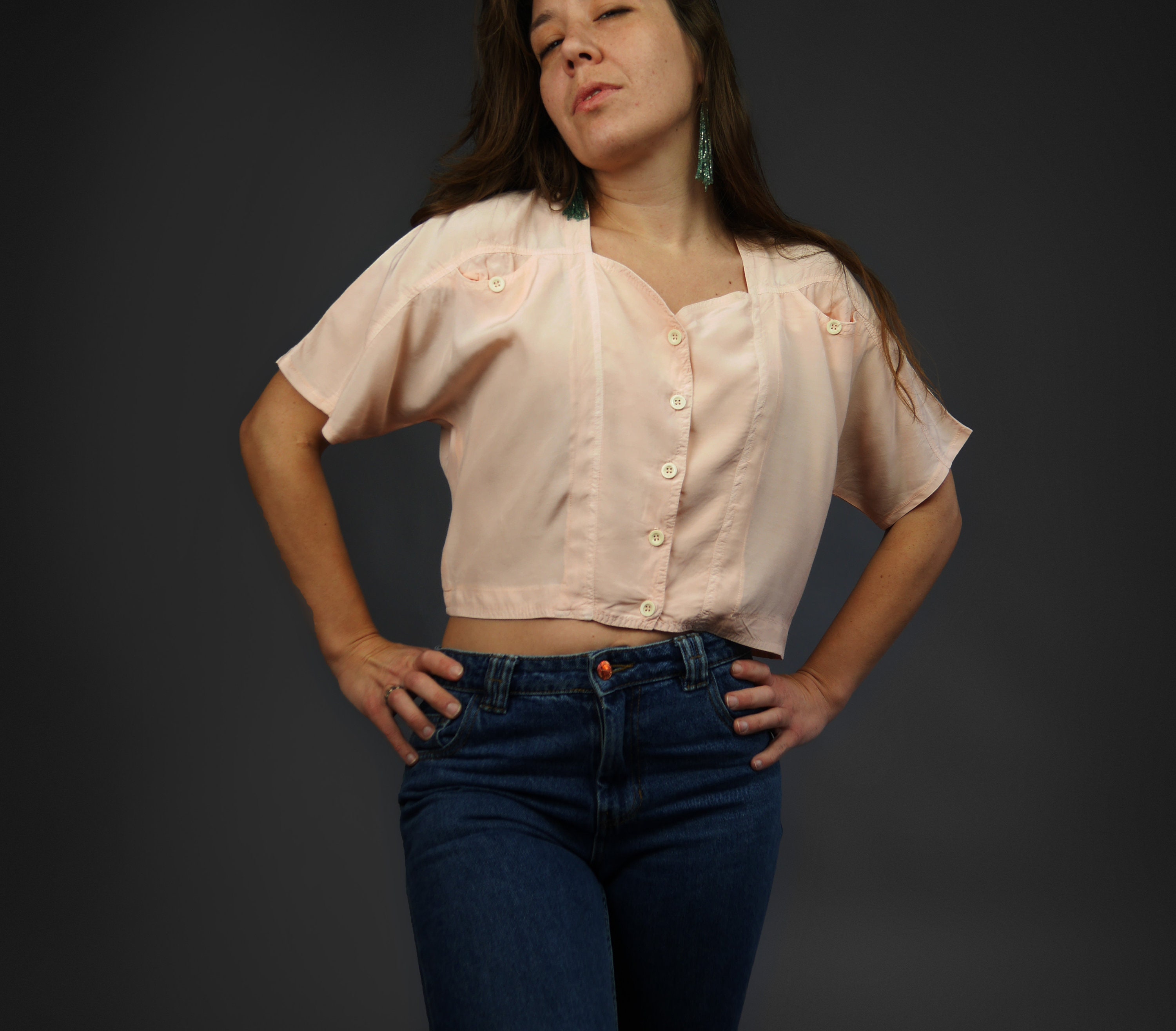 Peach Top Vintage 80s Summer Viscose Blouse Casual Light