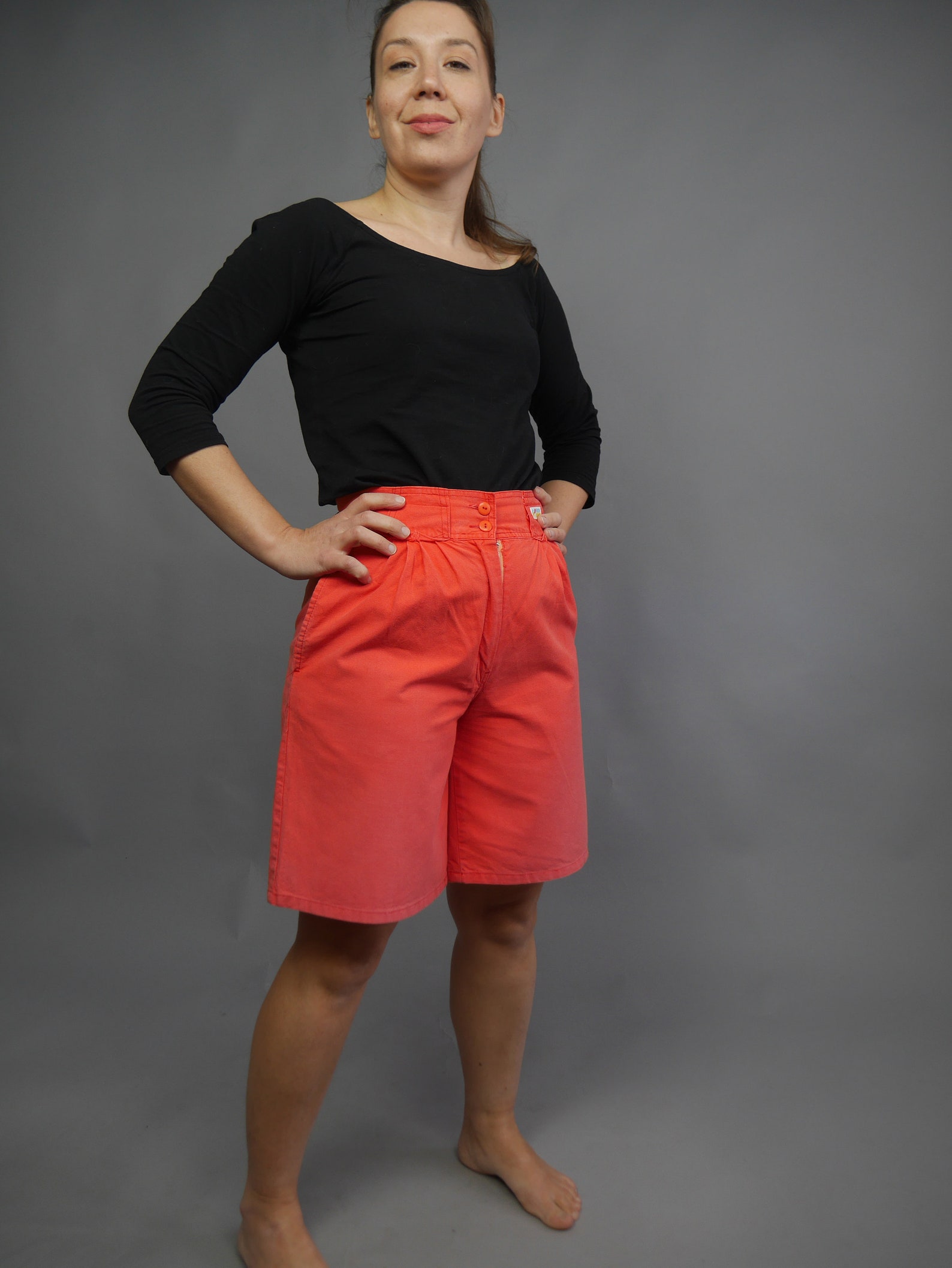 Coral red women's bermuda shorts 80s High waisted Wide Leg Etsy
