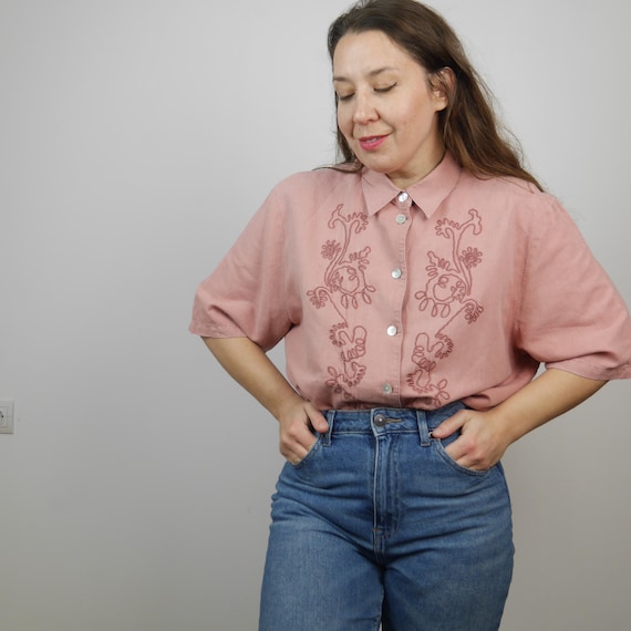 Embroidered country shirt Pink linen cotton shirt Soutache Ribbonwork L XL