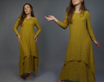 Long two layers tunic dress Mustard yellow minimalist dress Ethnic caftan dress SMALL