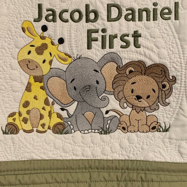 Baby Quilt, Safari Quilt, Personalized Quilt, Unisex Gift, Embroidered Baby Blanket, Baby Blanket