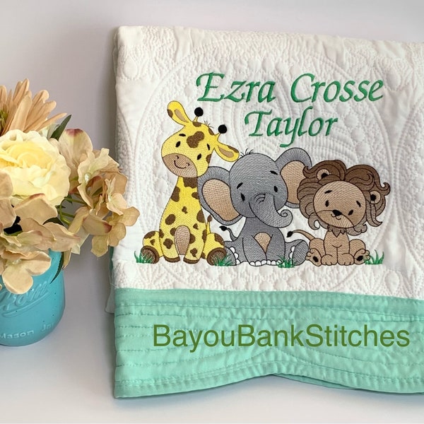 Baby Quilt, Safari Quilt, Personalized Quilt, Unisex Gift, Embroidered Baby Blanket, Baby Blanket