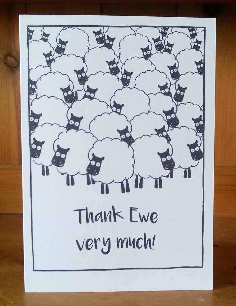 Funny Visual Pun Thank You Greetings Card Thank Ewe Very Much Watercolour Pen Wordplay Sheep Illustration Printable Card