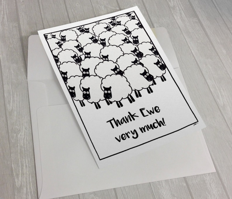 Funny Visual Pun Thank You Greetings Card Thank Ewe Very Much Watercolour Pen Wordplay Sheep Illustration Printable Card