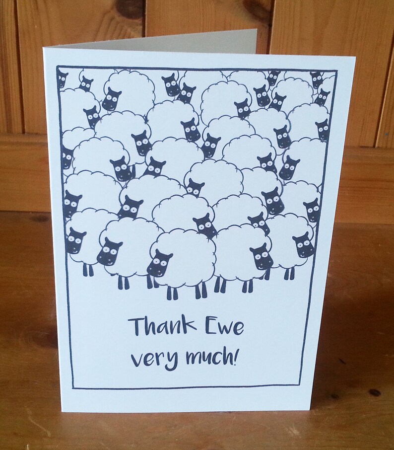Funny Visual Pun Thank You Greetings Card Thank Ewe Very Much Watercolour Pen Wordplay Sheep Illustration Printable Card