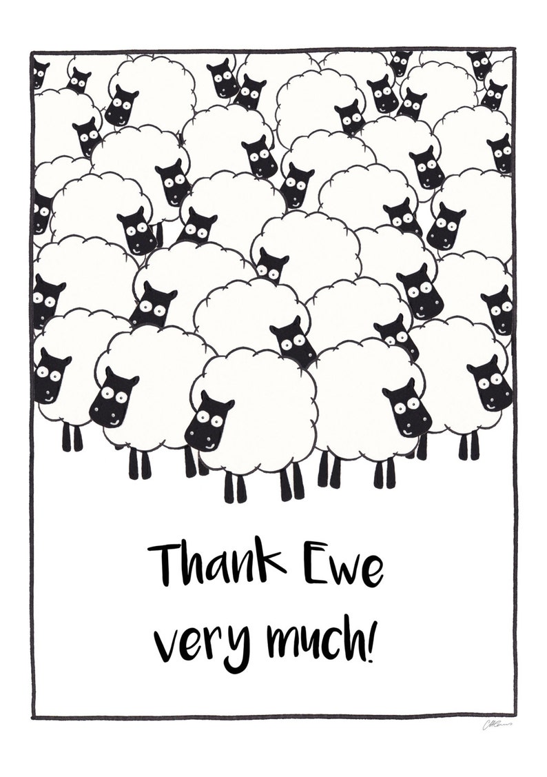 Funny Visual Pun Thank You Greetings Card Thank Ewe Very Much Watercolour Pen Wordplay Sheep Illustration Printable Card
