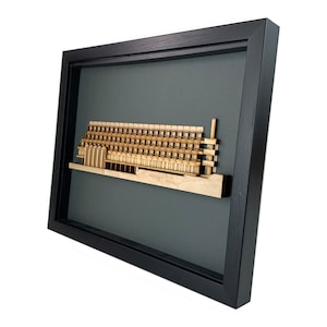 Puede incluir: Un modelo de madera de un edificio enmarcado sobre un fondo gris. El modelo está hecho de madera y tiene un diseño detallado. El marco es negro y tiene un diseño simple.