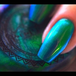 K&ouml;nnte beinhalten: Nahaufnahme eines Fingernagels, der mit schillerndem t&uuml;rkisblauem Nagellack lackiert ist. Der Lack reflektiert Blau- und Gr&uuml;nt&ouml;ne. Der Nagel ist lang und oval geformt, mit gl&auml;nzendem Finish. Der Hintergrund ist eine verschwommene Ansicht einer Nagellackflasche.
