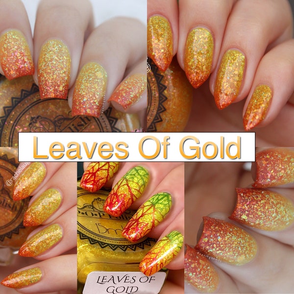 P•O•P Polish Leaves Of Gold Nail Polish Quick Dry Falling Leaves Thermal Collection Orange Yellow Flakies Gold Temperature Sensitive Shimmer