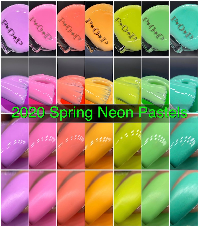 May include: A collection of neon pastel nail polish bottles in various shades, including purple, pink, orange, yellow, and green. Each bottle is labeled with "P+O+P" and the text "2020 Spring Neon Pastels" is displayed in green.