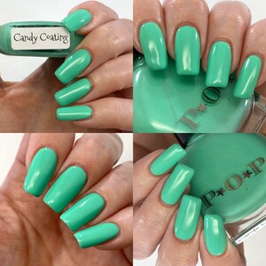 May include: Four images showcasing a vibrant, mint-green nail polish application. The polish is applied to long, square-shaped nails. One image shows the bottle labeled "Candy Coating." The polish has a glossy finish. The brand name "P&bull;O&bull;P" is visible on the bottle.