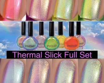 P.O.P Thermal Slicks Full Set Purple Blue Green Gold Blue Pink Thermal Oil Slick Multi chrome Collection Nail Polish Lacquer Varnish Indie