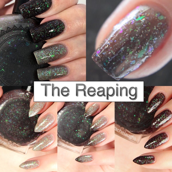 P•O•P Polish "The Reaping" Nail Polish Quick Dry Falling Leaves Thermal Collection Grey Flakies Green Purple Temperature Sensitive Shimmer