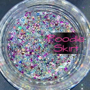 POP Poodle Skirt Glitter Gel Transfer Resistant For The Body Face and Hair Iridescent color Shifting Holographic Pink and Gold