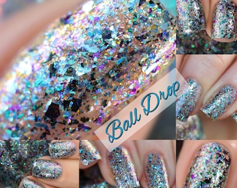 P•O•P Ball Drop New Years Glam Collection Rainbow Iridescent Shifting Flakes Blue Green Grey Purple Nail Quick Dry Mirror Polish