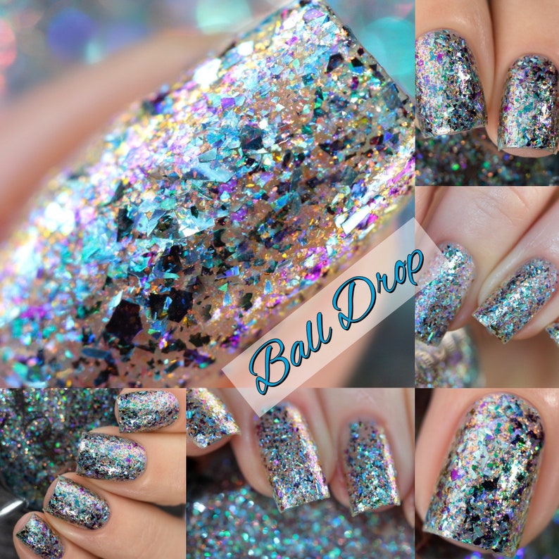 POP Ball Drop New Years Glam Collection Rainbow Iridescent Shifting Flakes Blue Green Grey Purple Nail Quick Dry Mirror Polish image 1