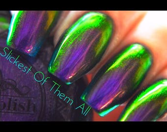 P•O•P Polish "The Slickest Of Them All" Nail Polish Quick Dry with Sifting Oil Slick 360 DuoChrome Mirror MultiChrome Purple Green Blue