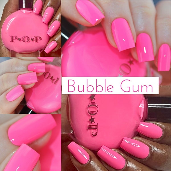 P.O.P Bubble Gum 2022 Spring Creme Collection Neon Pastel Pink Hot Rose Nail Polish Lacquer Varnish Indie Water Marble Stamping