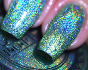 P•O•P Polish Magic Dust Collection "Kindergarden, Best 3 Years" Lacquer Green Linear Holographic Rainbow Flakies Indie Nail Polish Mega Holo