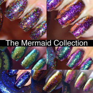 P•O•P The Mermaid Collection Full Set Of Seven Shifting Flakie Glitter Bomb Indie Nail Polish Multi Chrome Foil Iridescent Varnish Lacquer