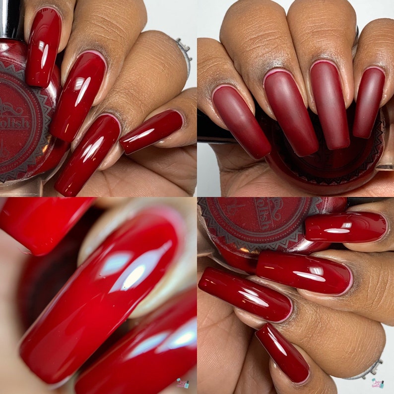 Puede incluir: Cuatro im&aacute;genes que muestran esmalte de u&ntilde;as rojo largo en varios dedos. El esmalte tiene un acabado brillante en algunas im&aacute;genes y un acabado mate en otras. En el fondo se ve un frasco de esmalte de u&ntilde;as con una etiqueta roja oscura.