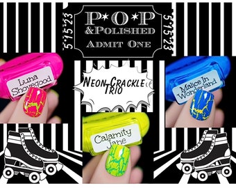 POP Neon Crackle Primary Trio Pink Yellow Blue  Crackle Neon Cream Nail Polish