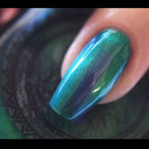 K&ouml;nnte beinhalten: Nahaufnahme eines Fingernagels, der mit schimmerndem t&uuml;rkisblauem Nagellack lackiert ist. Der Lack hat ein gl&auml;nzendes Finish und reflektiert das Licht, wodurch ein Farbverlauf entsteht. Der Nagel ist lang und oval geformt und zeigt die Farbe und Textur des Lacks.