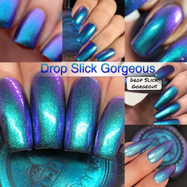 P•O•P Polish "Drop Slick Gorgeous" Oil Slick 360 Pastel Edition MultiChrome Aqua Blue Purple Pink  Nail Quick Dry Sifting DuoChrome Mirror