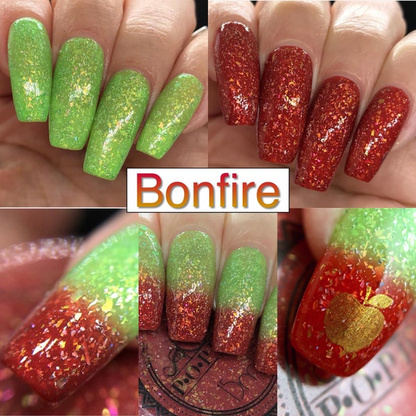 P•O•P Polish Bonfire Nail Polish Quick Dry Falling Leaves Thermal Collection Rust Red Green Flakies Gold Temperature Sensitive Shimmer