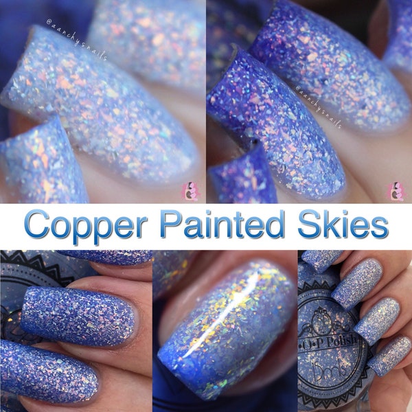 P•O•P Polish "Copper Painted Skies" Nail Polish Quick Dry Falling Leaves Thermal Collection Blue Flakies Gold Temperature Sensitive Shimmer