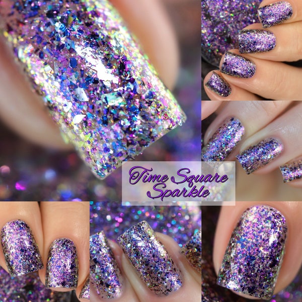 P•O•P Time Square Sparkle New Years Glam Collection Rainbow Iridescent Shifting Flakes Bleu Vert Gris Violet Ongle Quick Dry Miroir Vernis