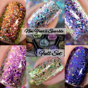 P•O•P The Full New Years Glam Collection Rainbow Iridescent Shifting Flakes Blue Green Grey Purple Nail Quick Dry Mirror Polish