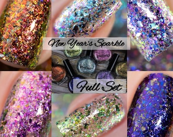 P•O•P The Full New Years Glam Collection Rainbow Iridescent Shifting Flakes Blue Green Grey Purple Nail Quick Dry Mirror Polish