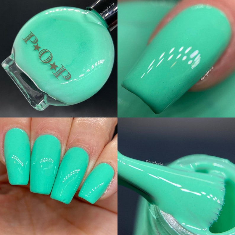 May include: A collection of images showcasing a vibrant, opaque, mint-green nail polish. The polish is displayed on nails, a single nail, and in the bottle. The bottle has a clear base and a silver cap. The brand name "P*O*P" is printed on the bottle.