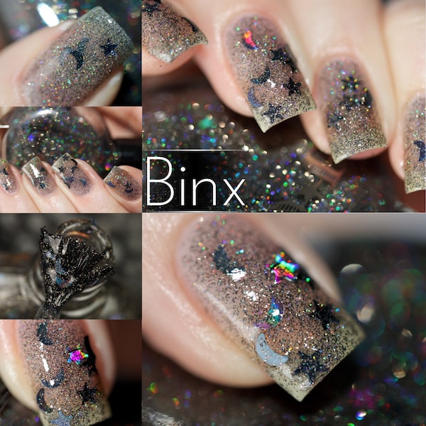 P•O•P Binx Hocus Pocus Collection Black Holographic Glitter Bomb Moons Stars Holo Indie Nail Polish Multi Chrome Varnish Lacquer